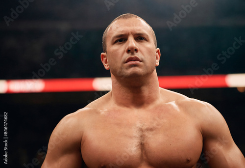 A muscular male boxer stands shirtless in a boxing ring, under the bright lights, with a determined look on his face.