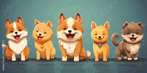 Kawaii Shiba Inu dogs in various poses. vector flat bright colors