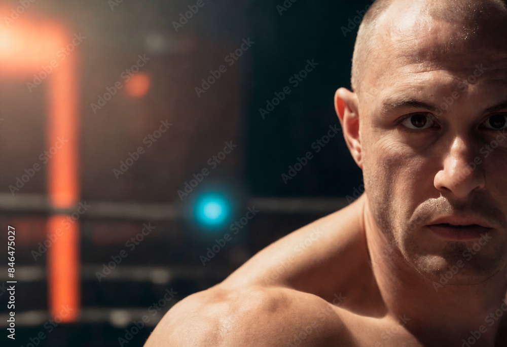 A muscular male boxer stands shirtless in a boxing ring, under the bright lights, with a determined look on his face. A muscular male boxer stands shirtless in a boxing ring, under the bright lights, with a determined look on his face.