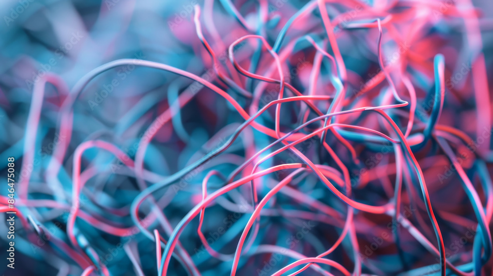 A multifaceted mesh of intertwined wires, rendered in bright hues, forms an intricate and mesmerizing abstract composition. A multifaceted mesh of intertwined wires, rendered in bright hues, forms an intricate and mesmerizing abstract composition.