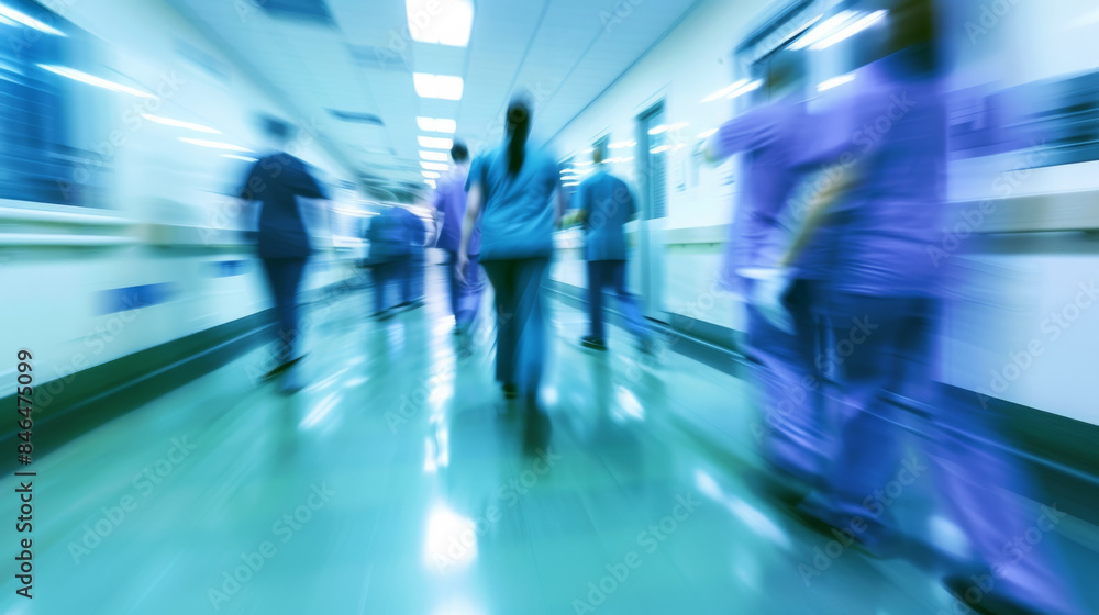 Blurred motion of medical staff rushing through a hospital corridor, reflecting urgency, dedication, and the fast-paced nature of healthcare environments. Blurred motion of medical staff rushing through a hospital corridor, reflecting urgency, dedication, and the fast-paced nature of healthcare environments.