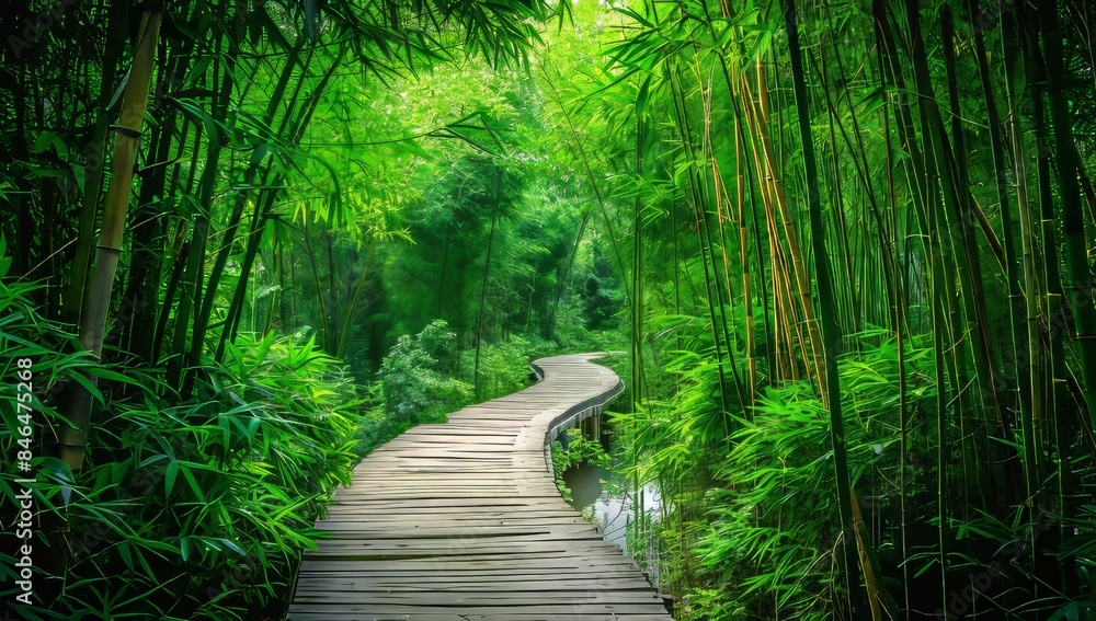 Fototapeta premium Bamboo fence at the entrance of an ancient forest path, high resolution photography, high quality photo.
