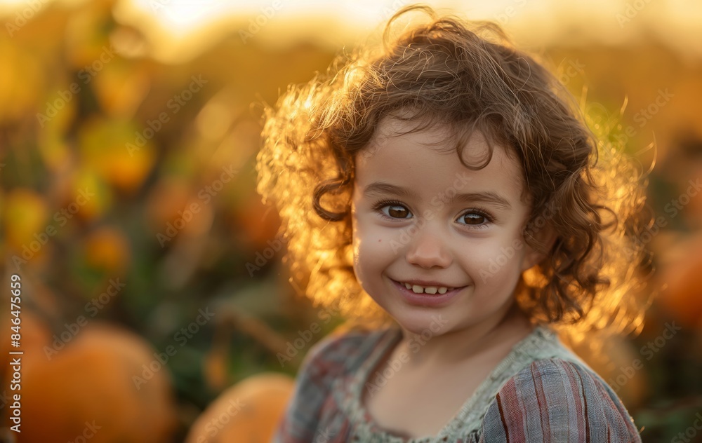 A happy child with curly hair smiling in a pumpkin patch, captured during the golden hour, perfect for autumn and festive themes. A happy child with curly hair smiling in a pumpkin patch, captured during the golden hour, perfect for autumn and festive themes.