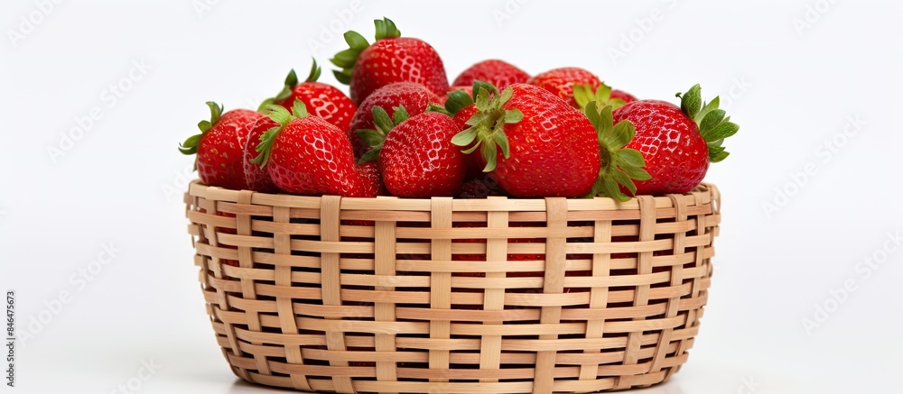 Front view copy space image of a bamboo basket filled with strawberries set against a clean white background Front view copy space image of a bamboo basket filled with strawberries set against a clean white background