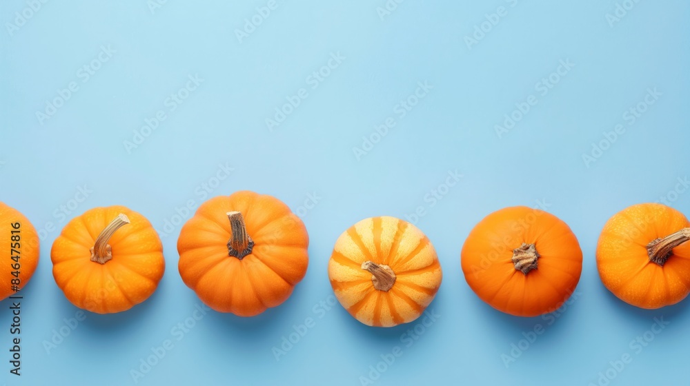 A row of different pumpkins arranged on a blue background, perfect for autumn and Halloween-themed displays. Copy space. Flat lay. Top view A row of different pumpkins arranged on a blue background, perfect for autumn and Halloween-themed displays. Copy space. Flat lay. Top view