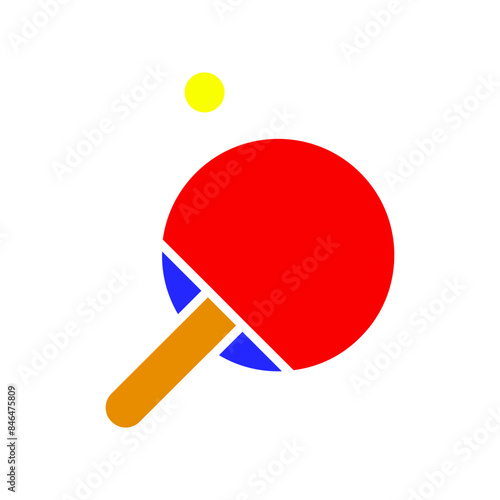 Ping pong paddle with ball icon. Table tennis, sports equipment, game, playing, recreation, competition, graphic, colorful.