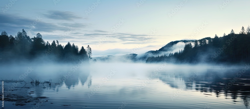 Early in the morning there is a foggy lake landscape with mist. copy space available Early in the morning there is a foggy lake landscape with mist. copy space available