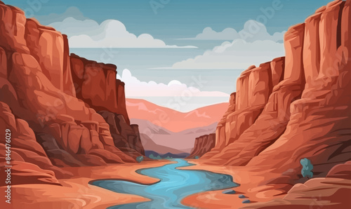 A canyon with a river vector simple 3d smooth cut isolated illustration