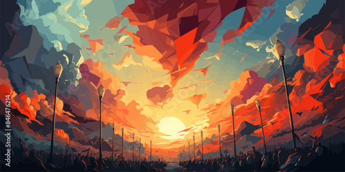 A crowd of people with raised hands and flags. Political revolution. vector flat bright colors