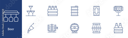Beer set icon. Beer glasses, bottles, barrel, kegs, tap, six-pack, bar sign, draft system. Brewery, beverage, alcohol concept.