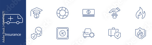 Insurance set icon. Ambulance, graduation cap, money stack, paw, fire, shield, woman, safe, car crash, travel suitcase. Protection, policy, safety concept.
