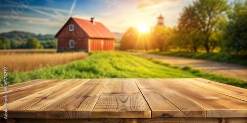 Farmhouse Table Blur: A wooden farmhouse table outdoors, with a blurred background of a farm or countryside, perfect for a rustic and homey product display. 