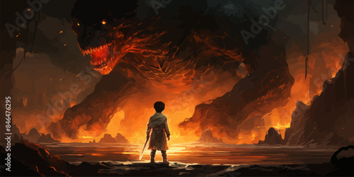 a boy with a sword fighting an evil giant, digital art style, illustration painting