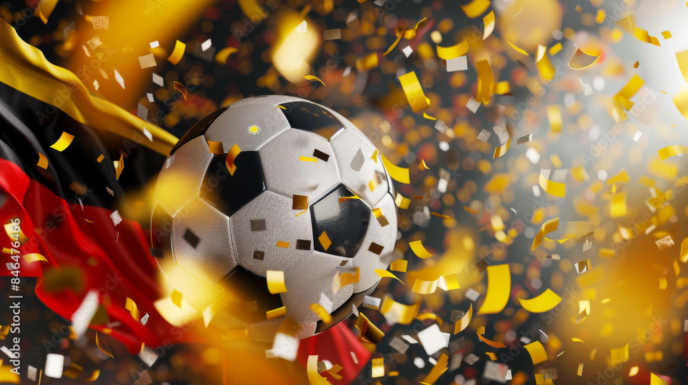 A soccer ball bursts through a shower of golden confetti, symbolizing victory and celebration against a backdrop of national pride and passion. A soccer ball bursts through a shower of golden confetti, symbolizing victory and celebration against a backdrop of national pride and passion.