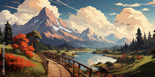 a lakeside walkway with beautiful mountain scenery in the background in anime style vector