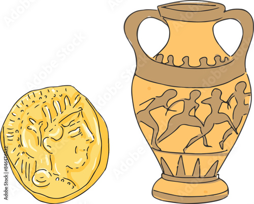 Historical Roman coin and historical Sumerian jug.