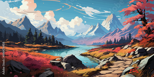 a lakeside walkway with beautiful mountain scenery in the background in anime style vector flat bright colors