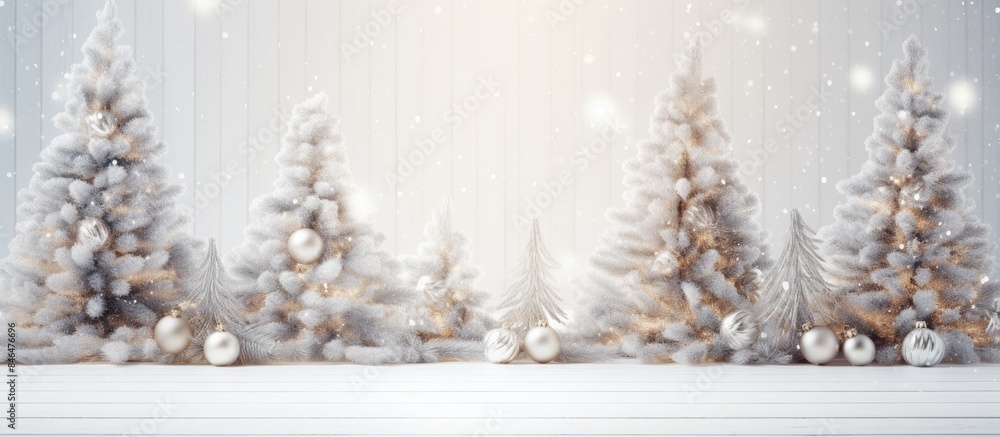 Blurred copy space image of a stunning Christmas tree adorned on a white wooden background Blurred copy space image of a stunning Christmas tree adorned on a white wooden background