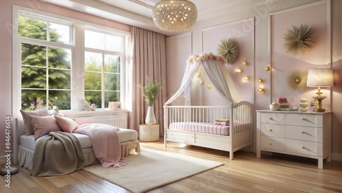 beautiful interior of a children's room in a modern style in light colors pink and white, comfort and coziness, natural daylight, soft shadows, super realistic, high detail, promotional photo © Bounpaseuth