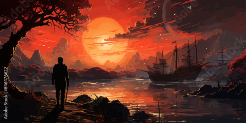 A man standing in a river with his shipwreck against the background of the sky upside down, digital art style, illustration painting