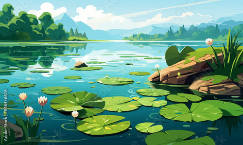 A serene lake with lily pads vector simple 3d isolated illustration
