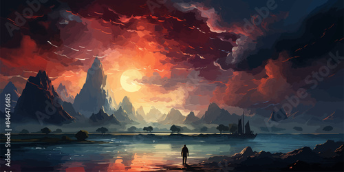 A man standing in a river with his shipwreck against the background of the sky upside down, digital art style, illustration painting