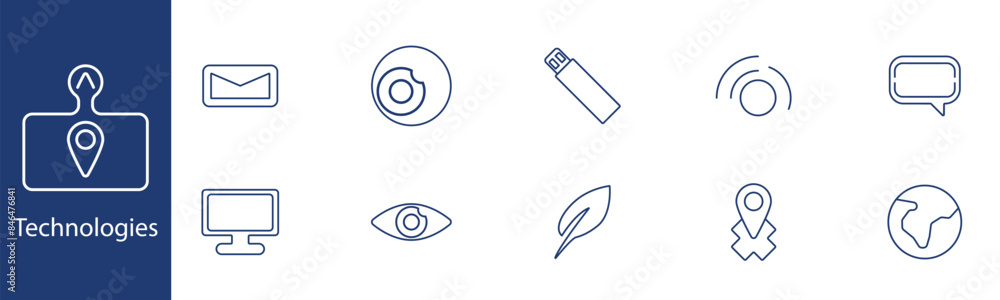 Technologies set icon. Email, USB, location, globe, monitor, eye, feather, chat, key, world. Digital, network, innovation concept. Technologies set icon. Email, USB, location, globe, monitor, eye, feather, chat, key, world. Digital, network, innovation concept.