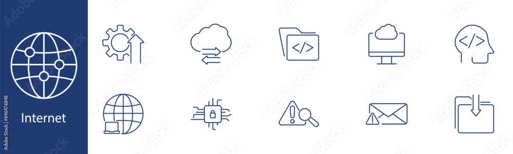 Internet set icon. Globe, gear, cloud, folder, monitor, code, email, warning, download, network. Web, online, connectivity concept. Internet set icon. Globe, gear, cloud, folder, monitor, code, email, warning, download, network. Web, online, connectivity concept.