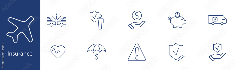 Insurance set icon. Car crash, shield, money, piggy bank, van, heart, umbrella, alert, protection, check. Safety, coverage, risk management concept. Insurance set icon. Car crash, shield, money, piggy bank, van, heart, umbrella, alert, protection, check. Safety, coverage, risk management concept.