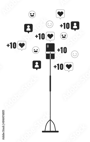 Smartphone on tripod with likes followers black and white 2D line cartoon object. Cellphone record. Vlogging accessories isolated vector outline item. Live stream monochromatic flat spot illustration