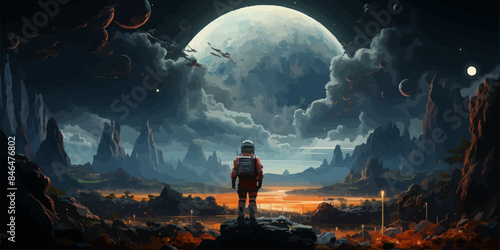 a spaceman standing on a hill surrounded by floating rocks, digital art style, illustration painting