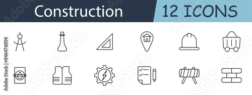 Construction set icon. Includes tools, safety gear, buildings, plans, and machinery symbols. Perfect for building, engineering, and construction industry concepts. Vector line icon on white background