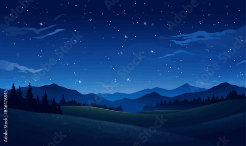 A starry night sky over a meadow vector simple 3d isolated illustration