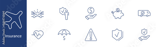 Insurance set icon. Car crash, shield, money, piggy bank, van, heart, umbrella, alert, protection, check. Safety, coverage, risk management concept.