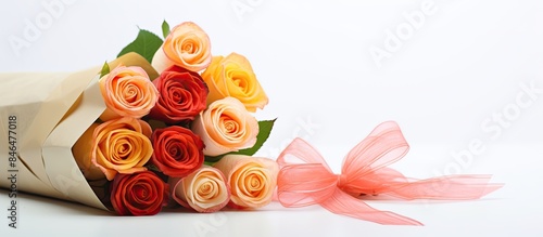 Fruit pastilles and fruit leather cones are arranged in a gift box with a bouquet of roses on a white table creating a delightful image for the concept of Holidays The copy space invites you to indul photo