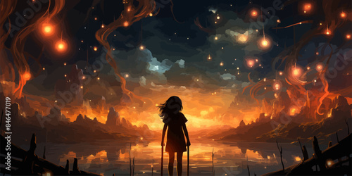 A girl is standing in front of a beautiful landscape with a lot of fire