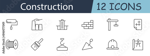 Construction set icon. Includes buildings, cranes, tools, and safety gear symbols. Suitable for building, engineering, and construction industry concepts. Vector line icon on white background.