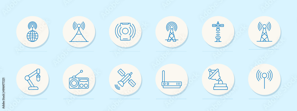 Telecommunication set icon. Globe, antenna, radio, and satellite. Communication, signal, network, and technology concept. Telecommunication set icon. Globe, antenna, radio, and satellite. Communication, signal, network, and technology concept.