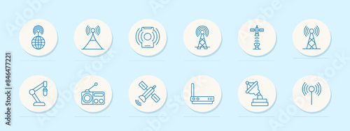 Telecommunication set icon. Globe, antenna, radio, and satellite. Communication, signal, network, and technology concept.