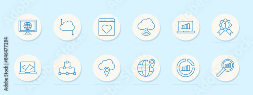 Web services set icon. Globe, cloud, location, and search. Internet, online, digital, and technology concept.