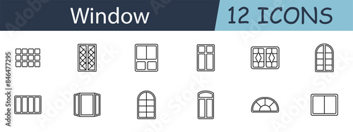 Window set icon. Includes various window types, frames, and architectural symbols. Ideal for home design, building, and renovation concepts. Vector line icon on white background.