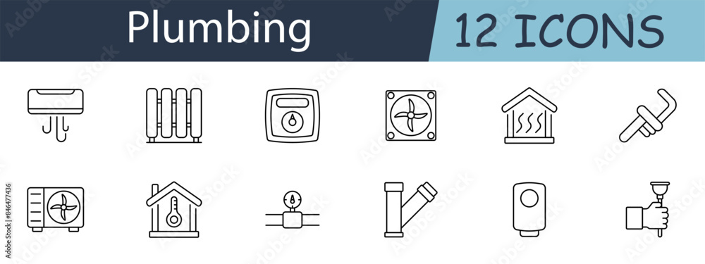 Plumbing set icon. Includes HVAC, pipes, radiators, and tools symbols. Suitable for heating, cooling, and plumbing services concepts. Vector line icon on white background. Plumbing set icon. Includes HVAC, pipes, radiators, and tools symbols. Suitable for heating, cooling, and plumbing services concepts. Vector line icon on white background.