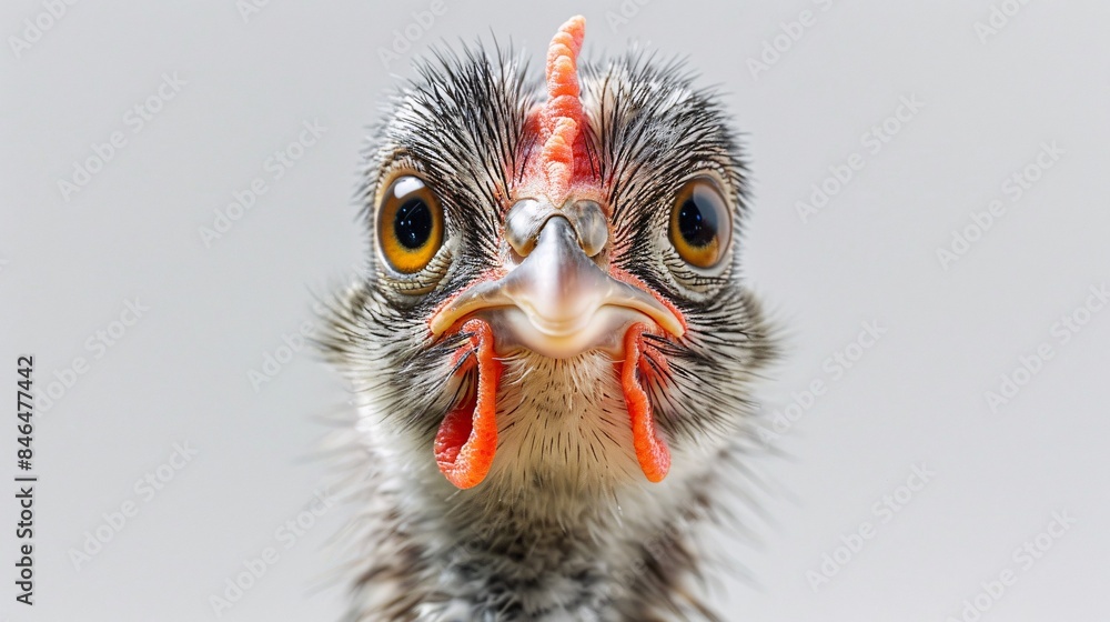Naklejka premium A close-up portrait captures the curiosity of a chicken as it gazes directly into the camera against a crisp white background. With its feathers ruffled and eyes wide with interest, the chicken's