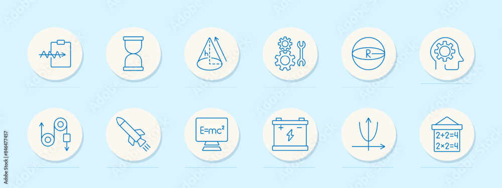Physics set icon. Time, sphere radius, E mc formula, battery, brain gear, tools, pulley, rocket, graph, mathematics. Science, engineering, education concept. Physics set icon. Time, sphere radius, E mc formula, battery, brain gear, tools, pulley, rocket, graph, mathematics. Science, engineering, education concept.