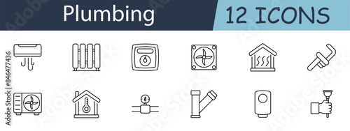 Plumbing set icon. Includes HVAC, pipes, radiators, and tools symbols. Suitable for heating, cooling, and plumbing services concepts. Vector line icon on white background.