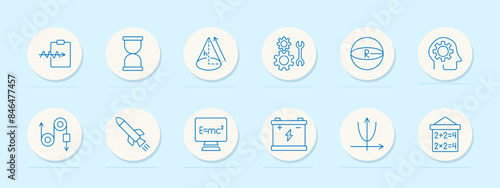 Physics set icon. Time, sphere radius, E mc formula, battery, brain gear, tools, pulley, rocket, graph, mathematics. Science, engineering, education concept.