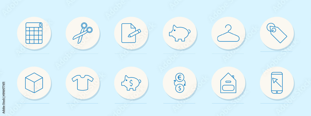 Finance and shopping set icon. Piggy bank, hanger, tag, and chart. Money management, retail, and budgeting concept. Finance and shopping set icon. Piggy bank, hanger, tag, and chart. Money management, retail, and budgeting concept.