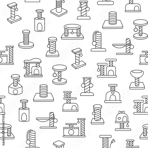 Scratching post for home cats. Seamless pattern. Coloring Page. Kitty houses and furniture. Veterinary shop merchandise. Hand drawn style. Vector drawing. Design ornaments.