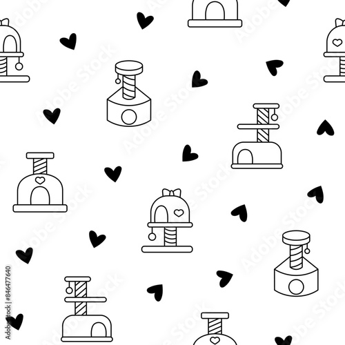 Scratching post for home cats. Seamless pattern. Coloring Page. Kitty houses and furniture. Veterinary shop merchandise. Hand drawn style. Vector drawing. Design ornaments.
