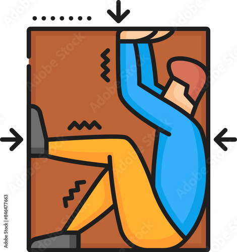 Claustrophobia psychology anxiety, phobia or mental health problem outline color icon. Claustrophobia fear or mental disorder thin line vector symbol or pictogram with man scared of tight space